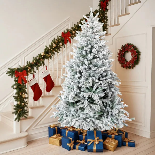 7 FT Pre-lit Snow Flocked Christmas Tree, Artificial Hinged Xmas Pine Tree With 1100 Branch Tips - view 7