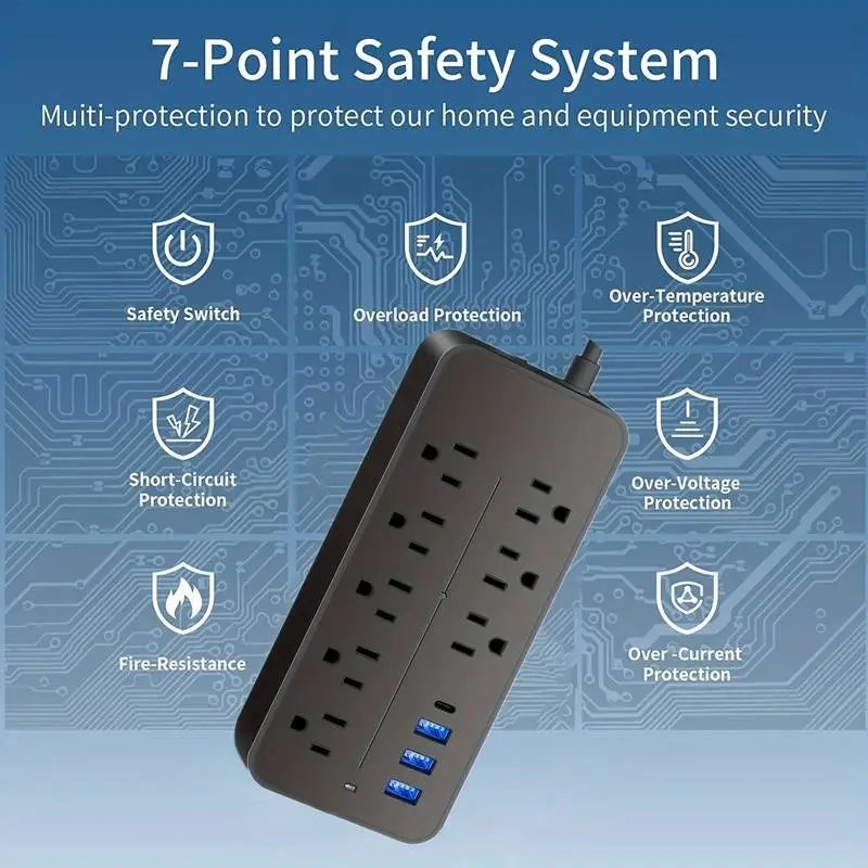 Regleta con protector de picos — 8 tomas + USB