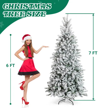 7 FT Snow Flocked Pre-lit Artificial Pencil Christmas Tree, Hinged Xmas Pine Tree With 1100 Branch Tips And 400 Lights - view 4