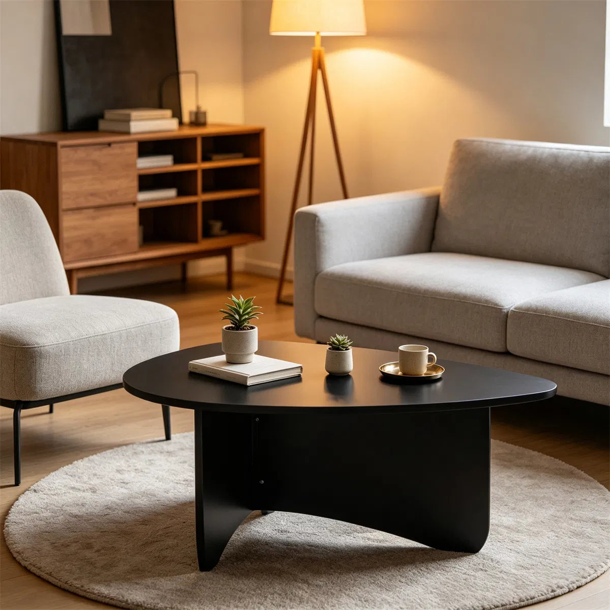 Oval Modern Coffee Table, Engineered Wood Low Accent Table with TShaped Arched Base - view 3