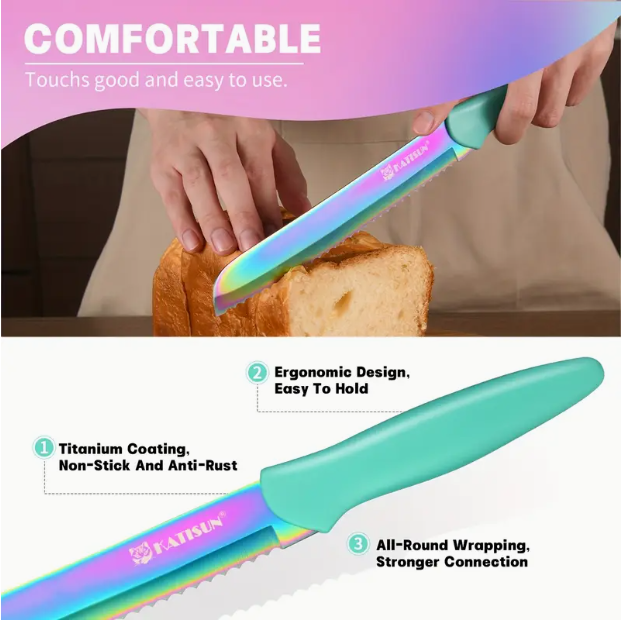 14-Piece Rainbow Colored High Carbon Stainless Steel Kitchen Knife Set, Titanium Coated Blade, Rust-Free & Super Sharp - view 9