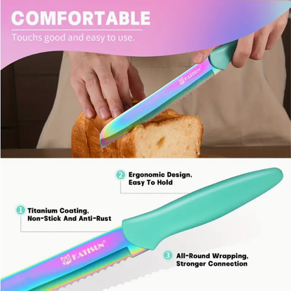 14-Piece Rainbow Colored High Carbon Stainless Steel Kitchen Knife Set, Titanium Coated Blade, Rust-Free & Super Sharp - view 9