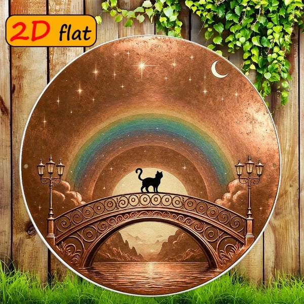 2D Flat Round Aluminum Sign 7.87x7.87 Inch, Black Cat On Arch Bridge With Rainbow Night Sky Stars - view 2