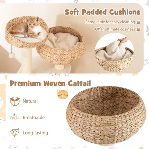 41 Inch Hand-Woven Water Hyacinth Cat Tree, 3 Sisal Scratching Posts Multi-Level Activity Center For Cats-White - view 4