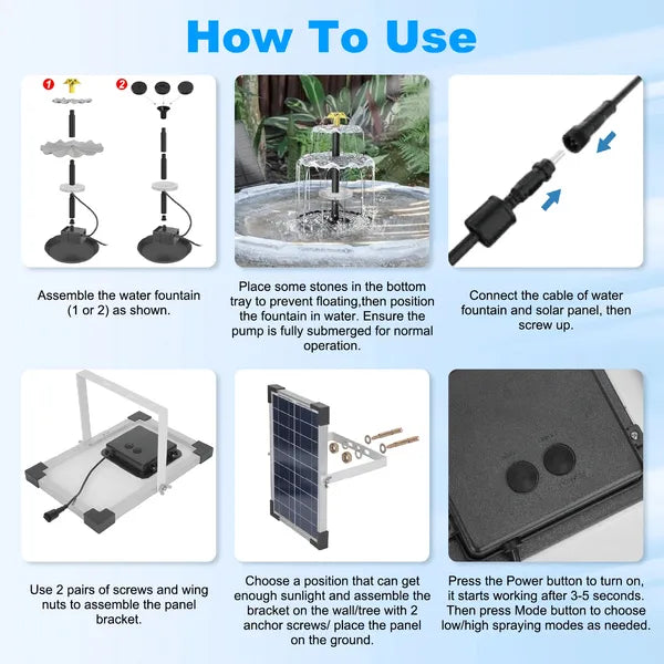3-Tier Solar Bird Bath Fountain Solar Powered Water-Pump Waterfall Feature With Colorful Light 3 Nozzles 6W Solar Panel - view 2