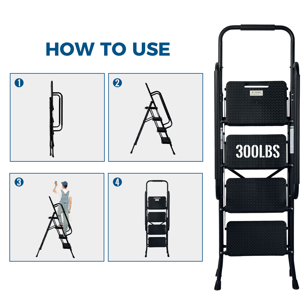 4 Step Ladder, Folding Step Stool With Wide Anti-Slip Pedal, Sturdy Steel Ladder, Convenient Handrail, Lightweight - view 3