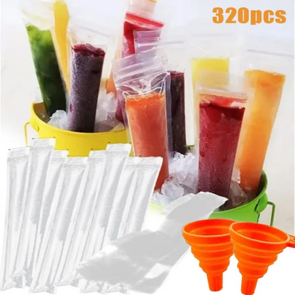 320 Pcs Disposable Beverage Packaging Bag Ice Popsicle Mold Bags With 2 Pcs Orange Funnels DIY Ice Lolly Bags BPA Free