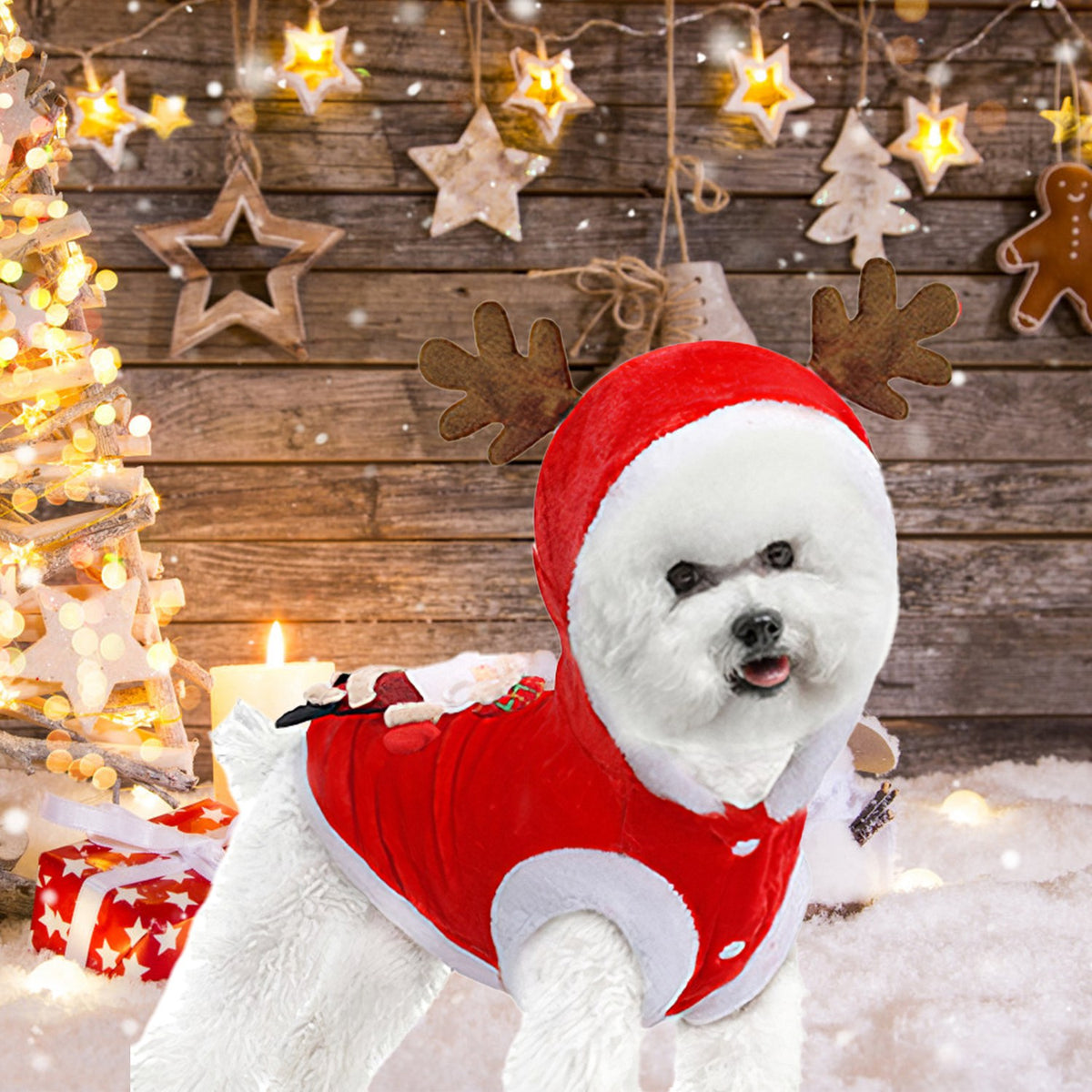 1Pc Pet Christmas Clothes Santa Claus Reindeer Antlers Costume Winter Outfit New Year Coat For Small Medium Dogs Cats - view 6