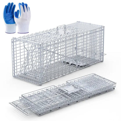 Live Animal Trap Cage 37x14x15in Folding Catch And Release Humane Cat Trap Galvanized Iron For Raccoons Foxes Coyotes - view 6