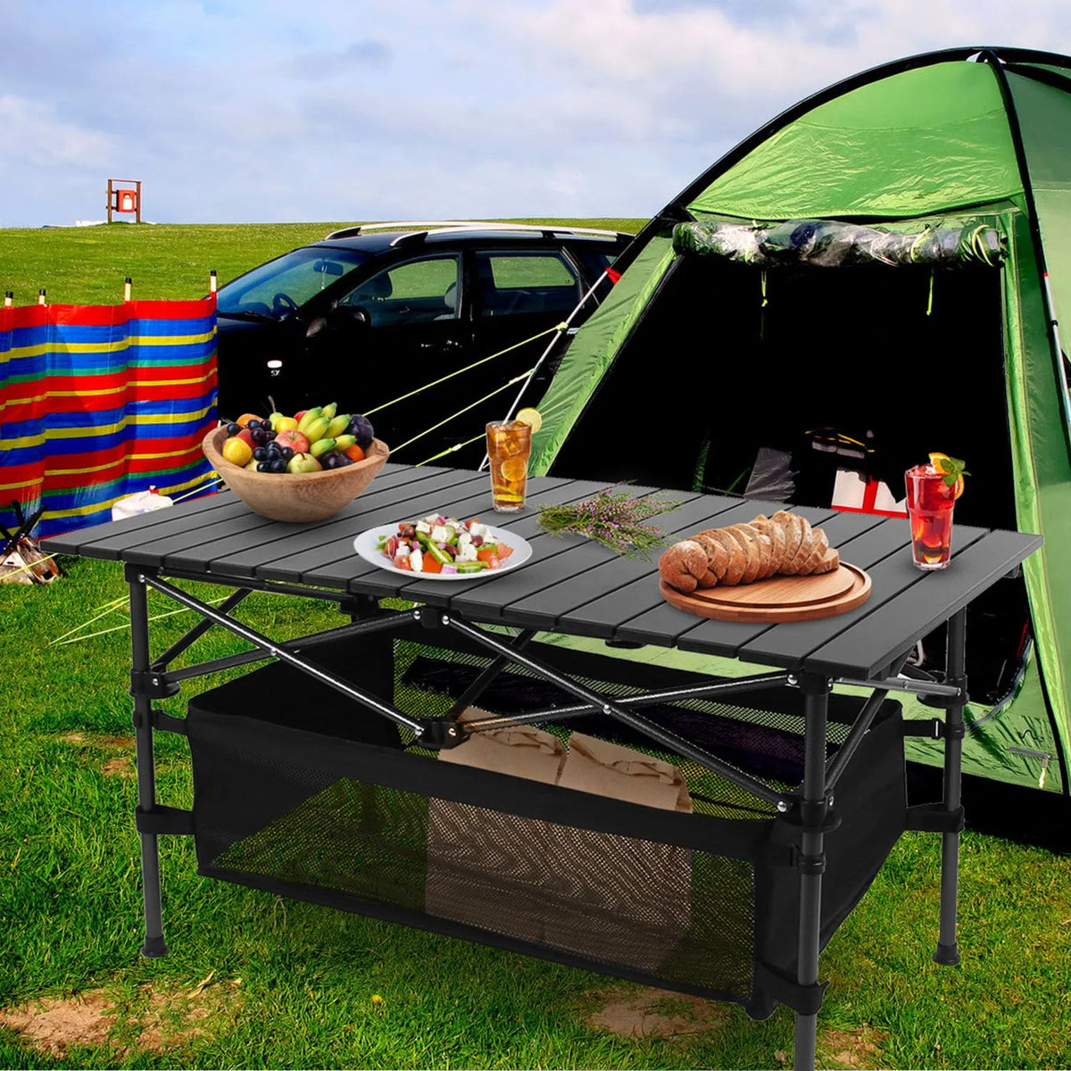 220 Lb Capacity Foldable Camping Table Aluminum Top & Steel Frame With Mesh Basket Portable BBQ Picnic Beach Table