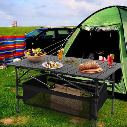 220 Lb Capacity Foldable Camping Table Aluminum Top & Steel Frame With Mesh Basket Portable BBQ Picnic Beach Table