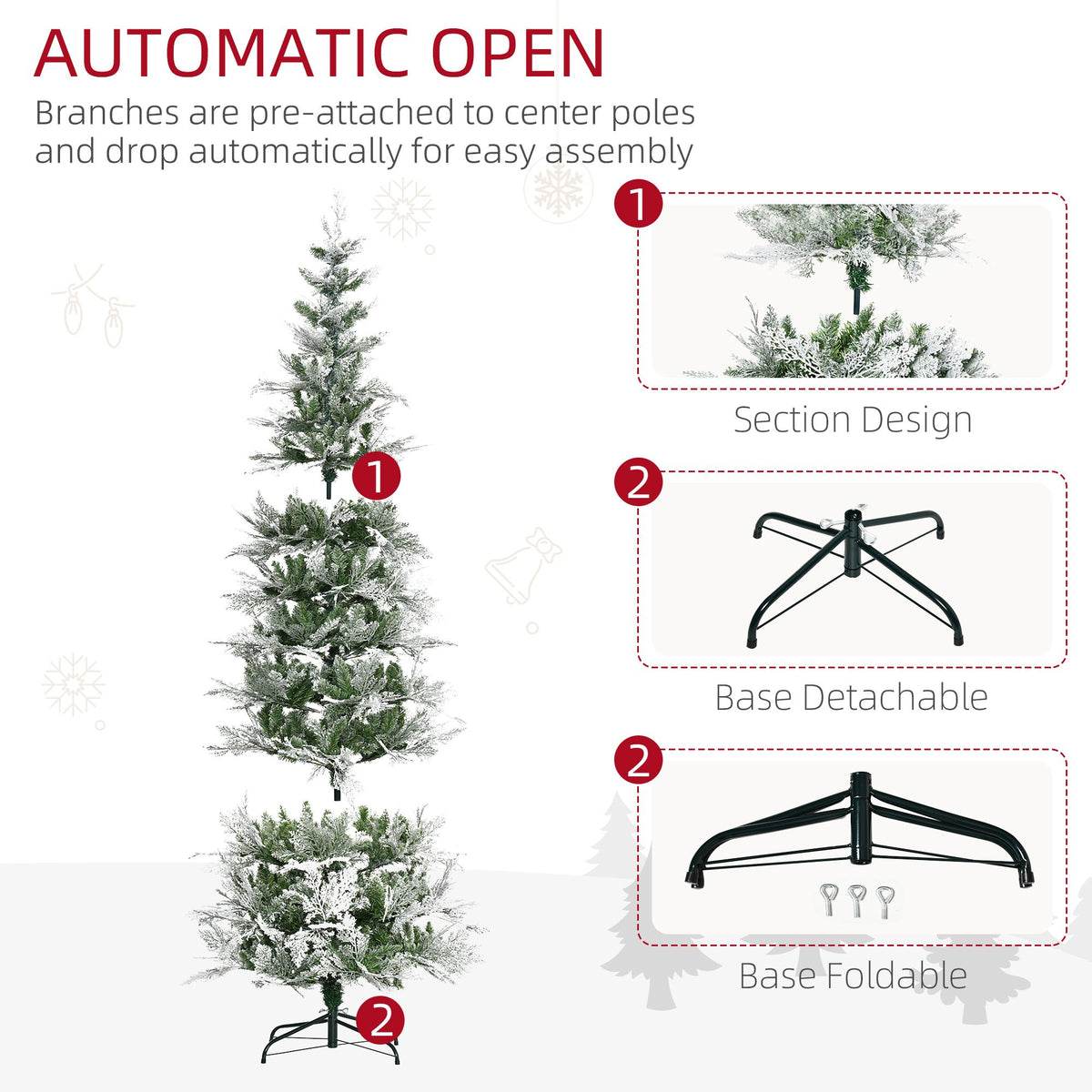 7.5 Feet Pencil Snow Flocked Artificial Christmas Tree With 880 Realistic Cypress Branches, Auto Open, Green - view 4