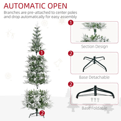 7.5 Feet Pencil Snow Flocked Artificial Christmas Tree With 880 Realistic Cypress Branches, Auto Open, Green - view 4