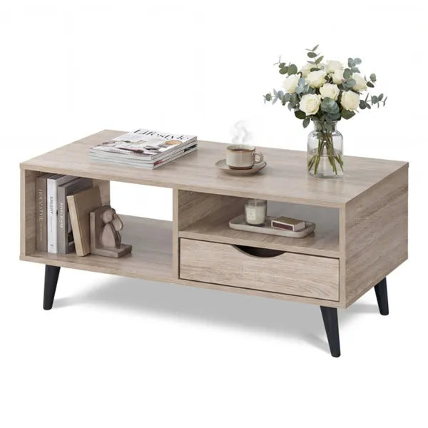 36.5" Rustic Coffee Table With Drawer & Open Shelves, Engineered Wood Center Table For Living Room Natural - view 3