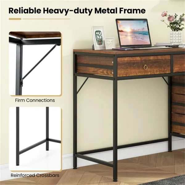 Home Office Dual Desktop Desk With 5 Storage Drawers, Powder-Coated Metal Frame Engineered Wood - view 3