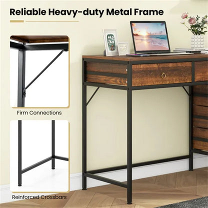 Home Office Dual Desktop Desk With 5 Storage Drawers, Powder-Coated Metal Frame Engineered Wood - view 3