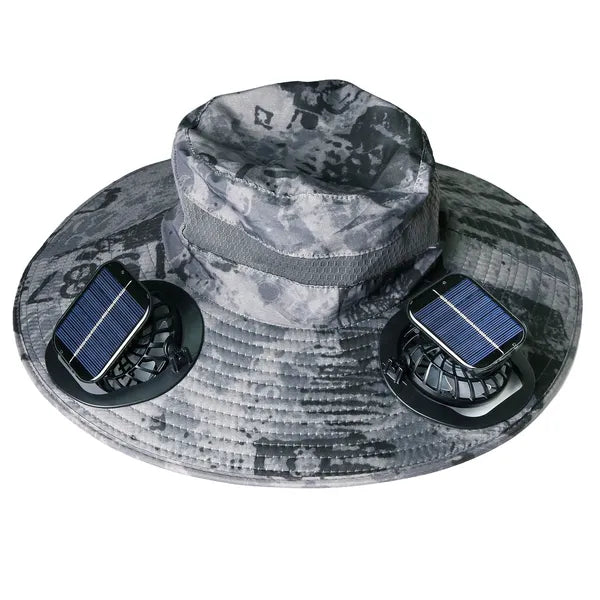 Outdoor Wide Brim Sun Hat With 2 Rechargeable Fans Solar Powered 3 Wind Speeds UPF50+ Breathable Waterproof Nylon Mesh