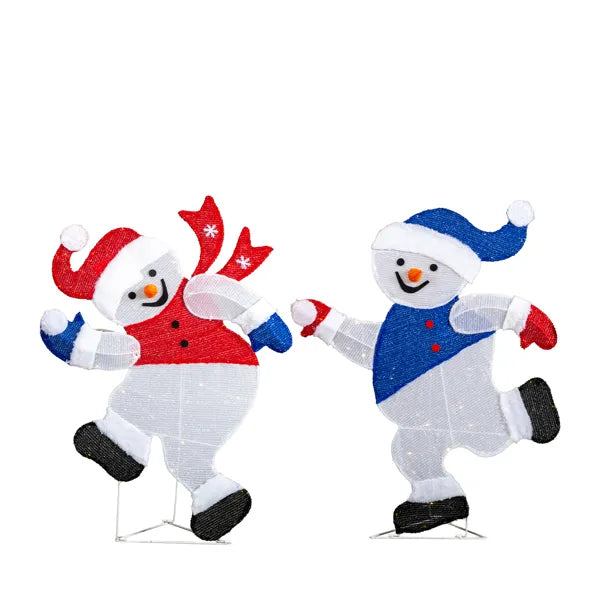 Set Of 2 Lighted Running Snowman Christmas Decorations, Pre-lit 2D Holiday Decor With 120 Warm White LED Lights