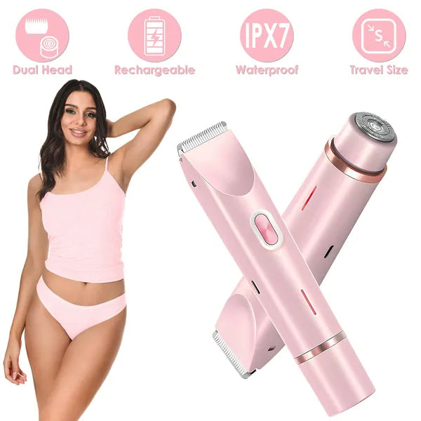 2 In 1 Bikini Trimmer For Women Dual Head Cordless Body Shaver IPX7 Waterproof Rechargeable Pubic Hair Razor Wet