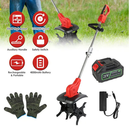 21V Electric Cordless Tiller Cultivator Powered Garden Tiller With 4 Blades 16 Steel Tines 550W 300RPM 4000mAh Battery
