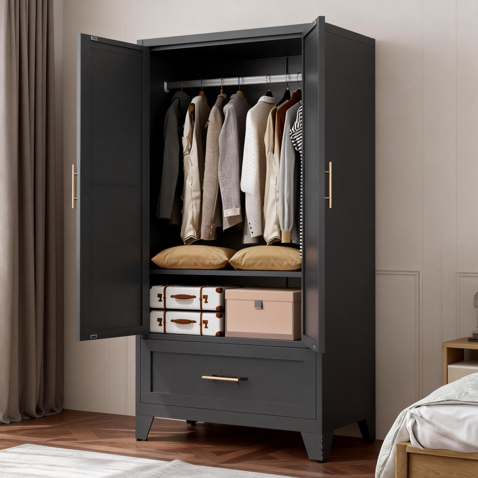 60inch Tall Metal Wardrobe Cabinet With 1 Drawer And Hanging Rod, 2 Doors Wardrobe Closet With Shelf For Bedroom - view 4