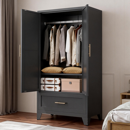 60inch Tall Metal Wardrobe Cabinet With 1 Drawer And Hanging Rod, 2 Doors Wardrobe Closet With Shelf For Bedroom - view 4
