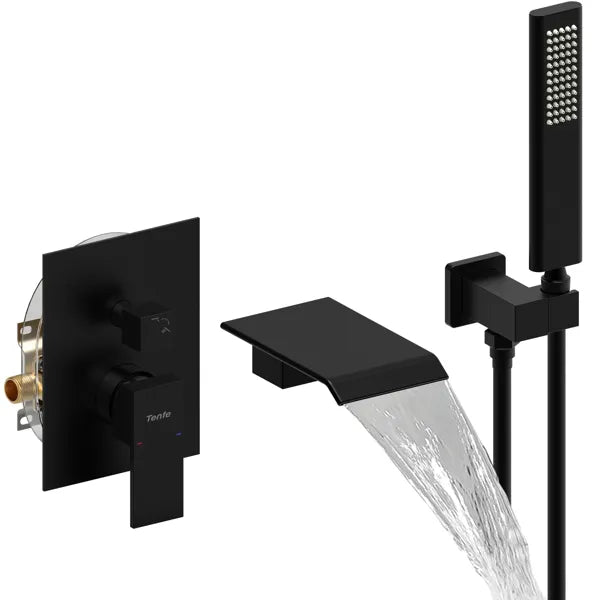 Male NPT Tub Faucet with Hand Shower, Matte Black Waterfall Bathtub Shower Faucet Set