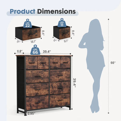 10-Drawer Fabric Dresser, LargeStorageTower for Bedroom, Closet, Living Room, Rustic Brown - view 3