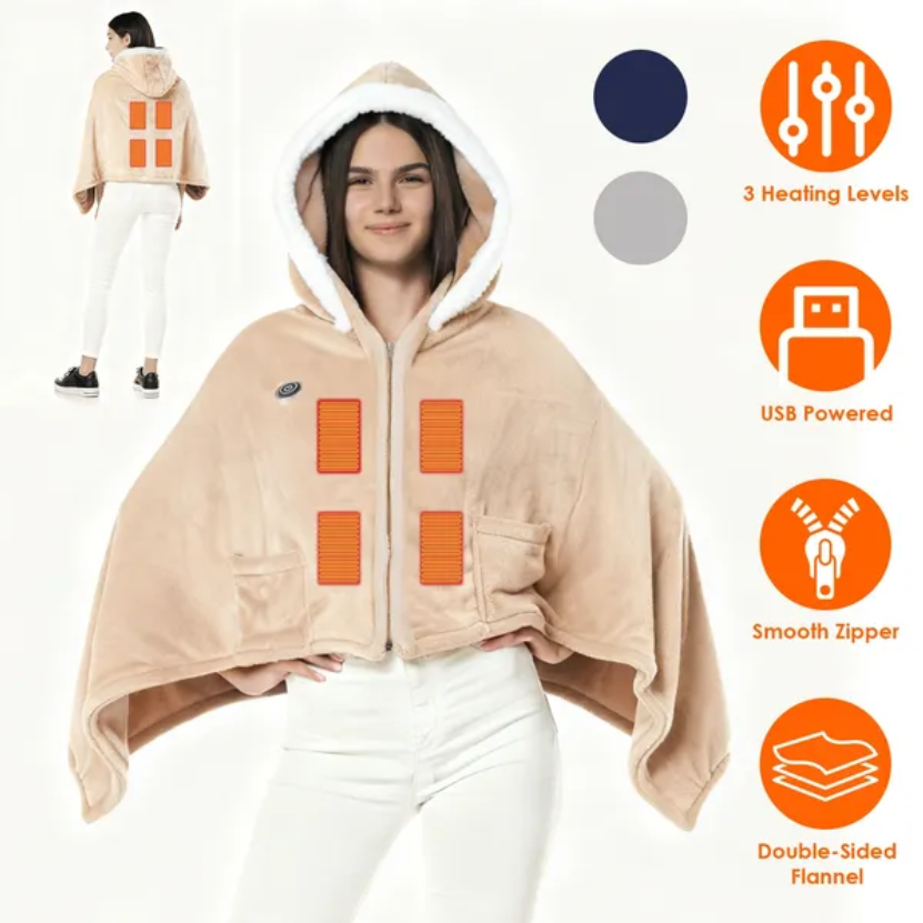 Wearable Heated Throw Blanket Double-Sided Flannel Portable Electric Heating Hoodie For Women Men Machine Washable - view 6