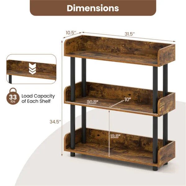 3-Tier Industrial Bookshelf With Anti-Falling Guardrails, 33 LBS Per Shelf Storage Organizer - Rustic Brown - view 3