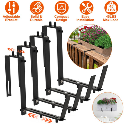 Telescopic Window Planter Bracket, Iron No-Drill Wall-Mounted Flower Box Holder, Tray & Dual-Size Hook