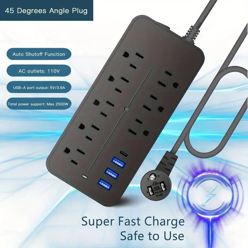 Regleta con protector de picos — 8 tomas + USB