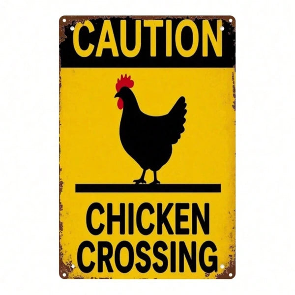 1PC 2D Flat Metal Sign, Yellow Background Black Rooster Chicken Crossing Warning Sign - view 4