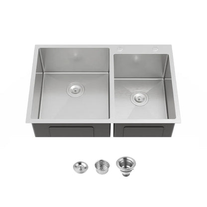 33' x19' Embedded Double Bowl Kitchen Sink, Overmount Handmade Sink In Brushed - Sink Only - Unable Ship Weekends - view 3