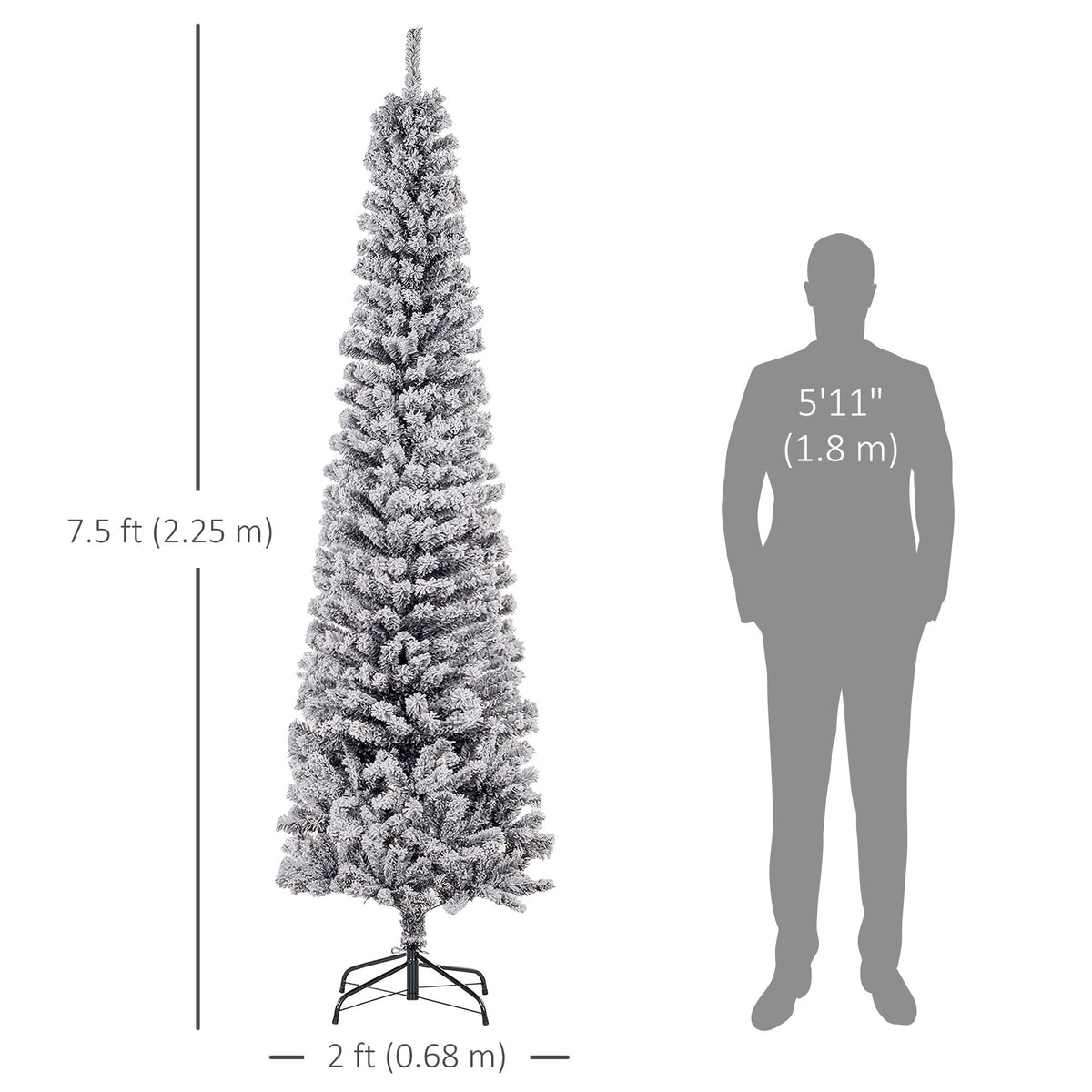 7.5ft Flocked Christmas Tree, Pencil Christmas Tree With Realistic Branch Tips, Folding Metal Stand, Black - view 5