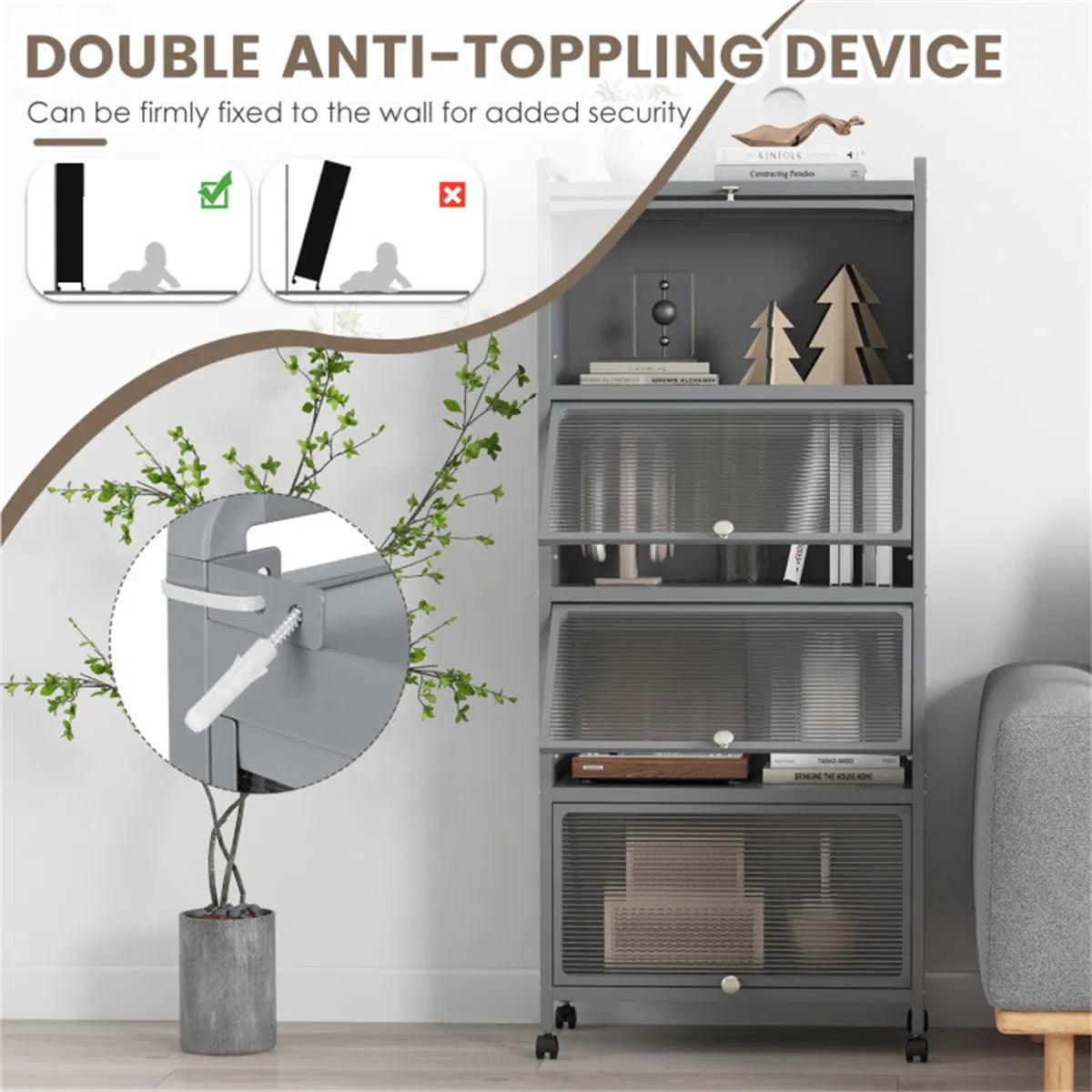5-Tier Rolling Microwave Stand Flip Dust-Proof Doors 4 Casters with Brakes Kitchen Storage Rack Gray - view 3