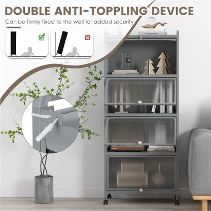 5-Tier Rolling Microwave Stand Flip Dust-Proof Doors 4 Casters with Brakes Kitchen Storage Rack Gray - view 3