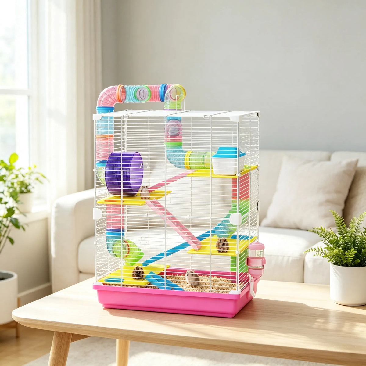 Pink 5-Tier Portable Hamster Cage for Short Trip Outing, Small Animal Travel Carrier with Tunnel Tubes - view 3