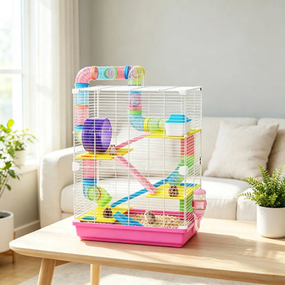 Pink 5-Tier Portable Hamster Cage for Short Trip Outing, Small Animal Travel Carrier with Tunnel Tubes - view 3