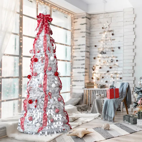7 FT Fully Decorated Pre-lit Christmas Tree, Pop Up Artificial Xmas Tree With 170 Warm Lights And Red Ornaments - view 4