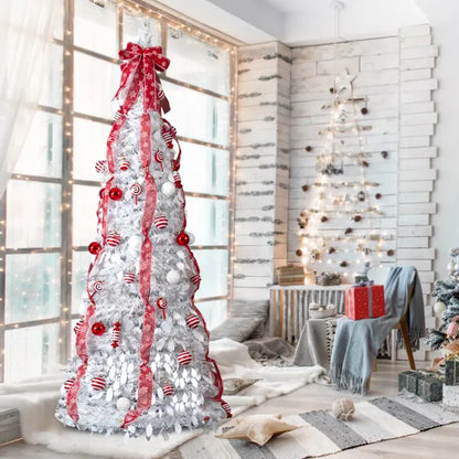 7 FT Fully Decorated Pre-lit Christmas Tree, Pop Up Artificial Xmas Tree With 170 Warm Lights And Red Ornaments - view 4