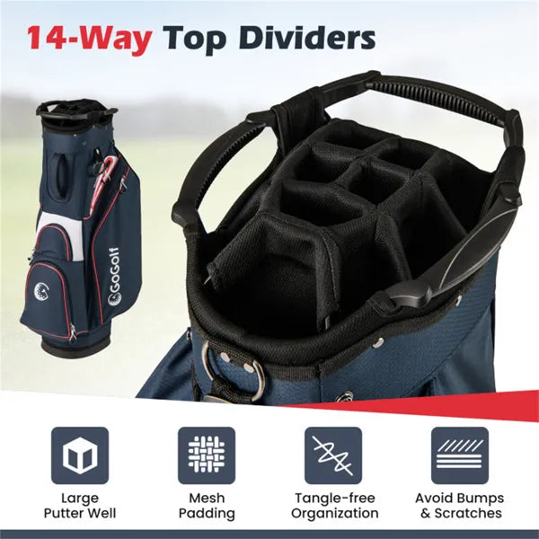 14-Way Golf Cart Bag - 6 Zippered Pockets+Cooler Pocket, Waterproof Zippers, Navy + Red - view 5