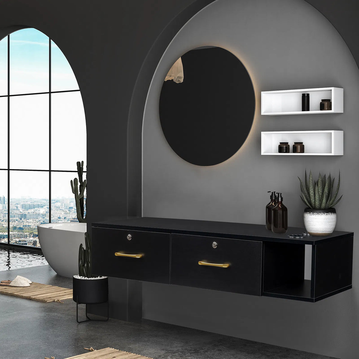 15cm E0 particleboard with hemp surface, two draws and three holes with lock, salon cabinet, black - view 5