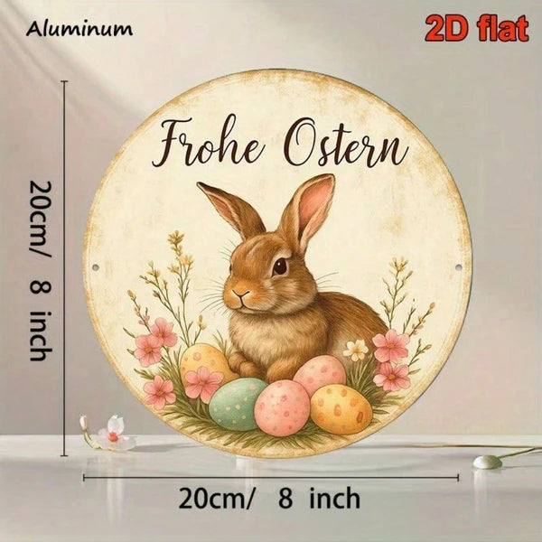 Vintage German Easter Bunny Metal Sign 8 Inch Round Aluminum Plaque - view 4