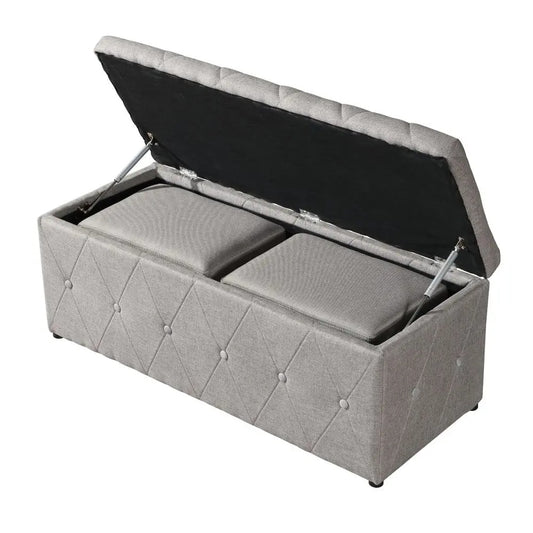 1 Piece Rectangular Storage Ottoman Fabric Linen With 2 Set Ottomans Beige - view 2