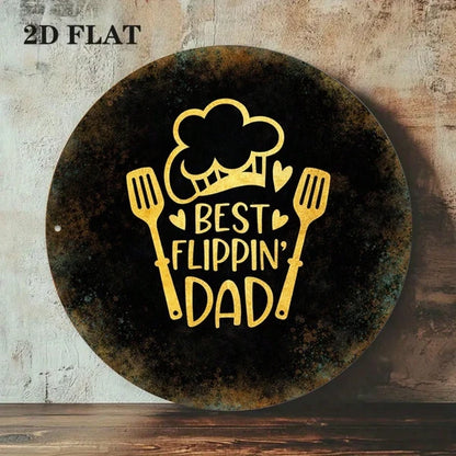 1pc 2D Flat Round Sign Best Flippin Dad Retro Plaque, "Retro Plaque, 8x8in Kitchen Barbecue Decor" Decor - view 2