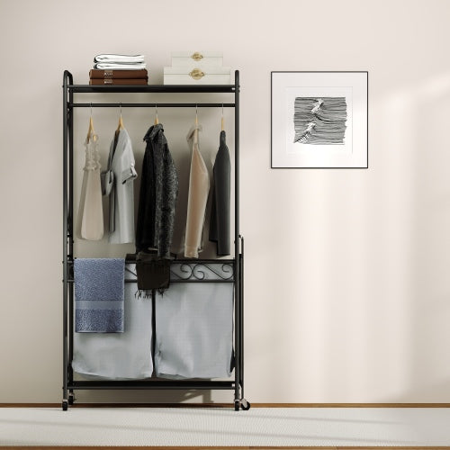 Multi-Functional Laundry Hamper Organizer With Hanging Rail And Storage Shelf Rolling Laundry Cart With Wheels - view 4