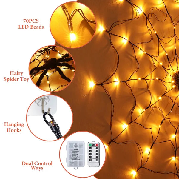 1Pc 3.28FT Spider Web Light With Hairy Spider 70LED Battery Powered Remote Control 8 Lighting Modes Glowing Outdoor - view 3