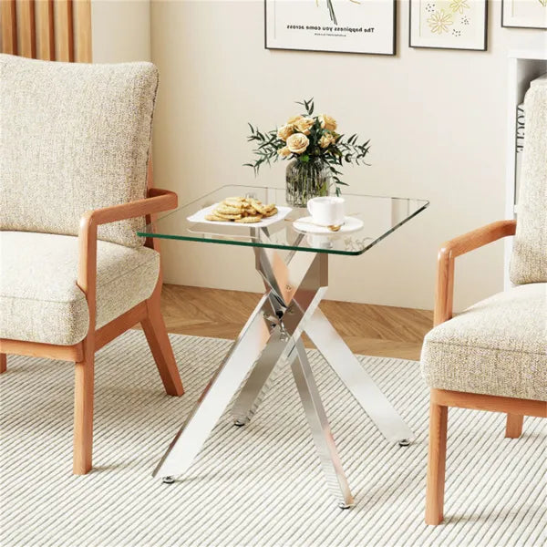 20" X 20" X 22.5" Glass Side Table, Silver Tempered Glass End Table With Intersecting Metal Base - view 3