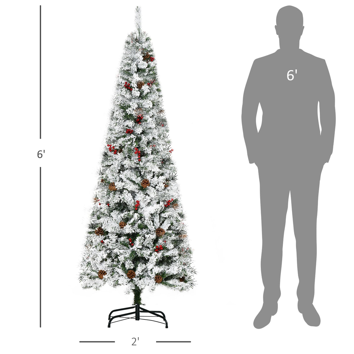 6 Foot Pencil Snow Flocked Artificial Christmas Tree With 600 Pine Realistic Branches, Pine Cones, Red Berries - view 6